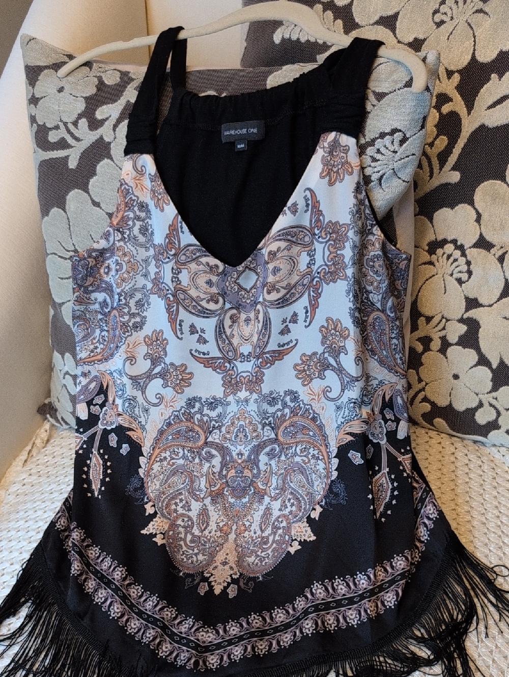Black and Cream Paisley Fringe Camisole Top, Brand New